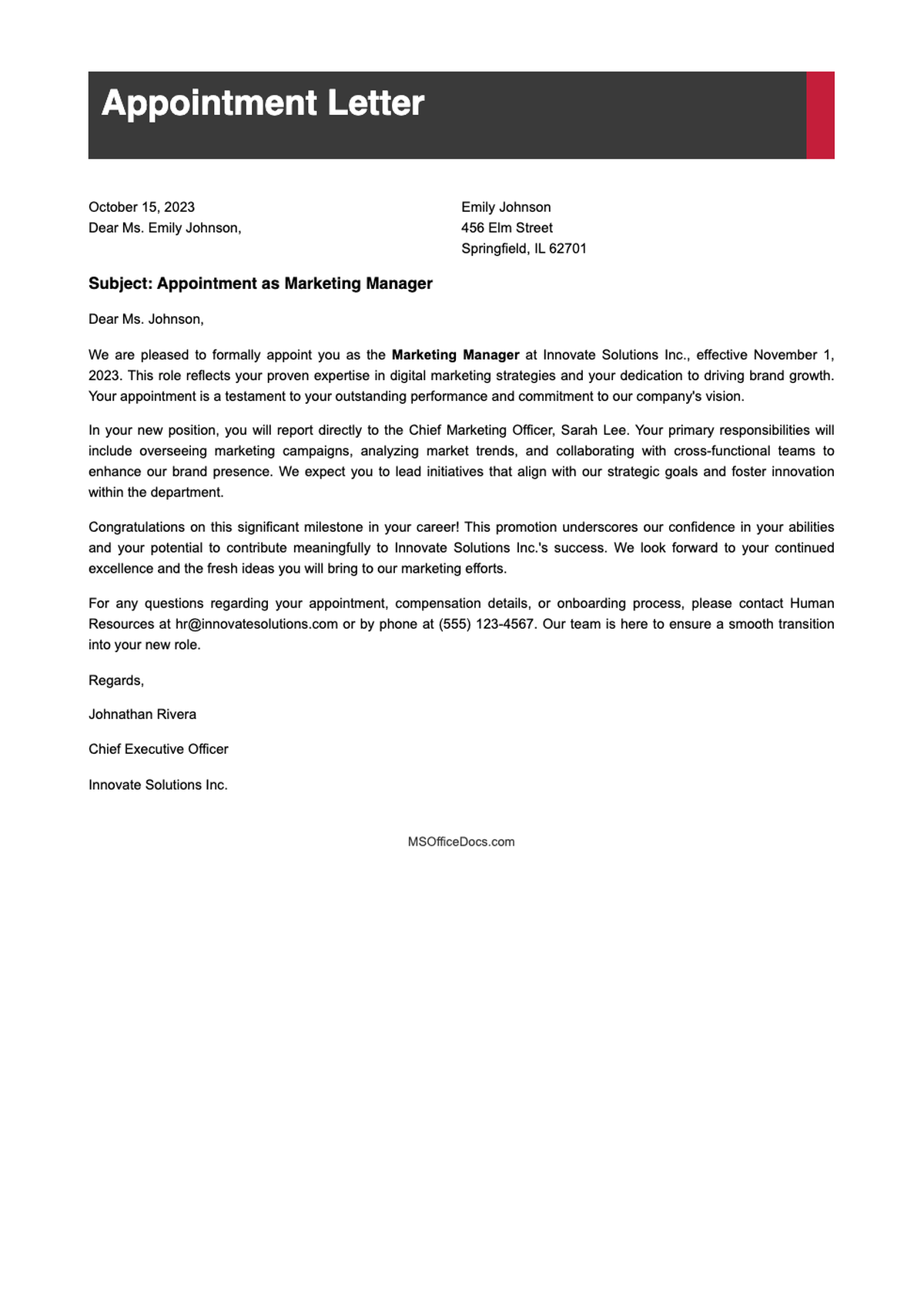 Marketing manager appointment letter template with placeholder fields and HR executive signature_variant_2